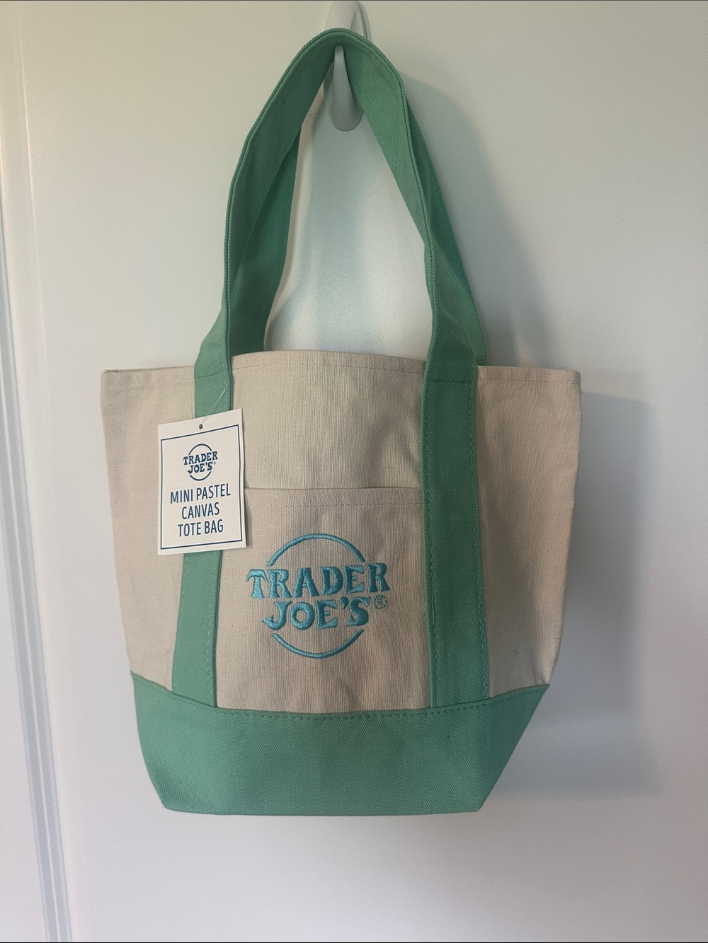 Trader Joe's Cream Canvas Tote with Mint Green Accents